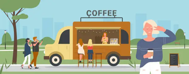 Vector illustration of Coffee shop truck, outdoor cafe and people in summer city park, woman drinking coffee