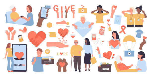 Charity, social help set, voluntary service foundation, volunteers care elderly people Charity, social help set, voluntary service foundation concept vector illustration. Cartoon volunteers donate, care elderly or disabled people with troubles, humanitarian donation isolated on white bloody money stock illustrations