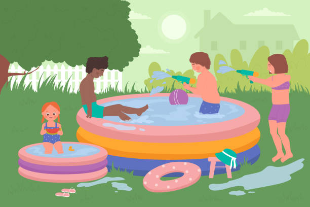 dzieci grają w zabawną grę w letnim basenie przydomowego, szczęśliwy mały chłopiec dziewczynka w strojach kąpielowych pływanie - swimming pool child water park inflatable stock illustrations