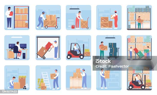 Ludzie Pracują W Magazynie Zestawie Usług Logistycznych Pracownicy Noszą Kartony - Stockowe grafiki wektorowe i więcej obrazów Magazyn - Budynek przemysłowy