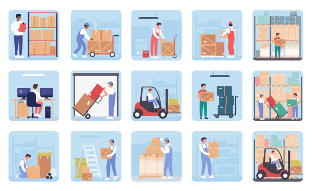 ilustrações de stock, clip art, desenhos animados e ícones de people work in warehouse storage, logistic service set, workers carry cardboard boxes - shipping supplies