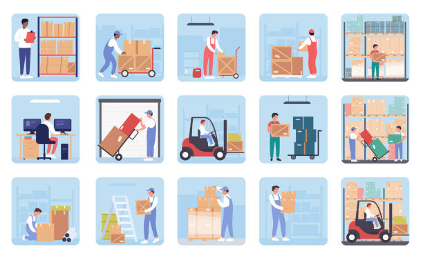 People work in warehouse storage, logistic service set, workers carry cardboard boxes People work in warehouse, logistic service set vector illustration. Cartoon worker characters carry cardboard boxes, using forklift to load parcel packages in storage building interior background freight transportation illustrations stock illustrations