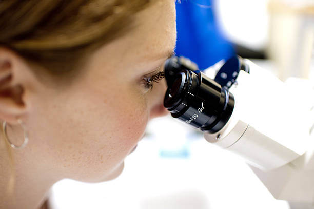 femmina medico con microscopio in un laboratorio di reale - biotechnology student laboratory nurse foto e immagini stock