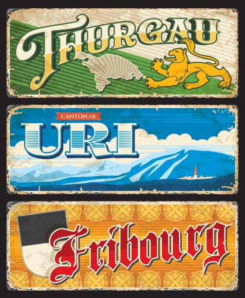 жестяные знаки швейцарских кантонов тургау, ури и фрибург - thurgau stock illustrations