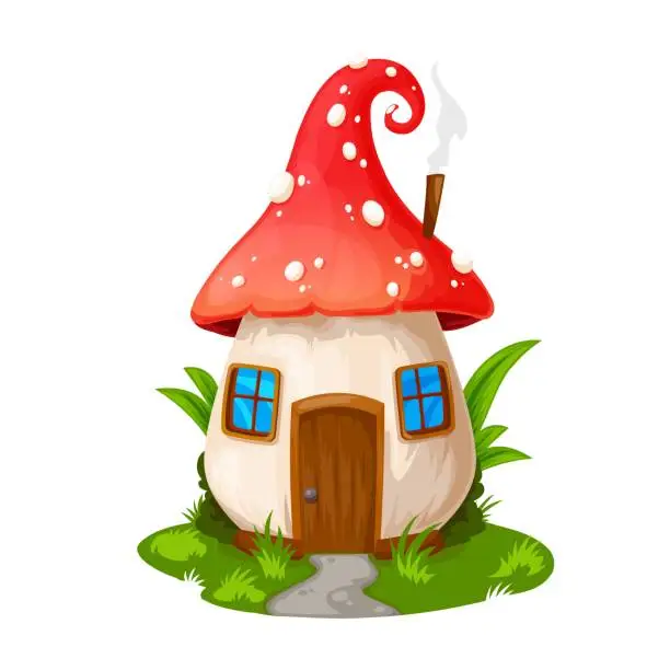 Vector illustration of Fairy mushroom house gnome dwelling on green field