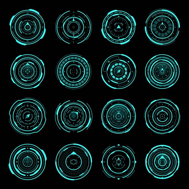 HUD compass, aim control panel or navigation. HUD compass, aim control panel or navigation interface. Vector sci-fi target, futuristic military optical aiming, spaceship crosshair techno screen ui neon elements, collimator sight, gun focus set sonar radar stock illustrations