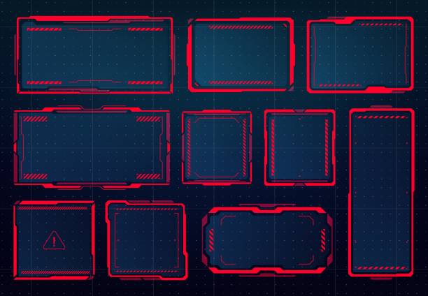 HUD danger, warning and alert attention red frames HUD danger, warning and alert attention red frames or signs, vector. HUD interface display screen with warning or high risk alert or access denied and caution error hologram frames, game dashboard military borders stock illustrations