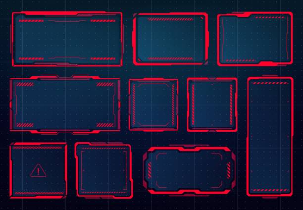 HUD danger, warning and alert attention red frames HUD danger, warning and alert attention red frames or signs, vector. HUD interface display screen with warning or high risk alert or access denied and caution error hologram frames, game dashboard hud graphical user interface stock illustrations