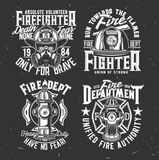 Firefighter helmet, mask and hydrant t-shirt print Fireman helmet and gasmask, water hydrant t-shirt retro prints. Fire department, emergency service volunteer apparel custom print with firefighter helmet, breathing apparatus and vintage typography fire alphabet letter t stock illustrations