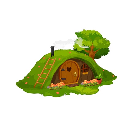 Fairytale hobbit or dwarf house, vector home under green hill. Fairy dwelling with round wooden door, flowers under window and steaming pipe. fantasy Gnome cute cartoon building in mound with grass