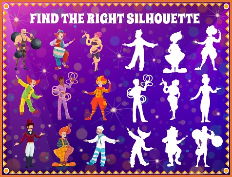 Shadow match kids game with circus performers. Find right silhouette education game, memory puzzle and maze, logic vector riddle with shapito clown and juggler, strongman, charmers