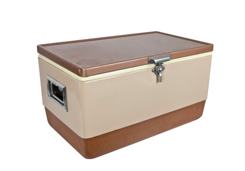 Vintage ice chest cooler from the 1970's isolated on white.