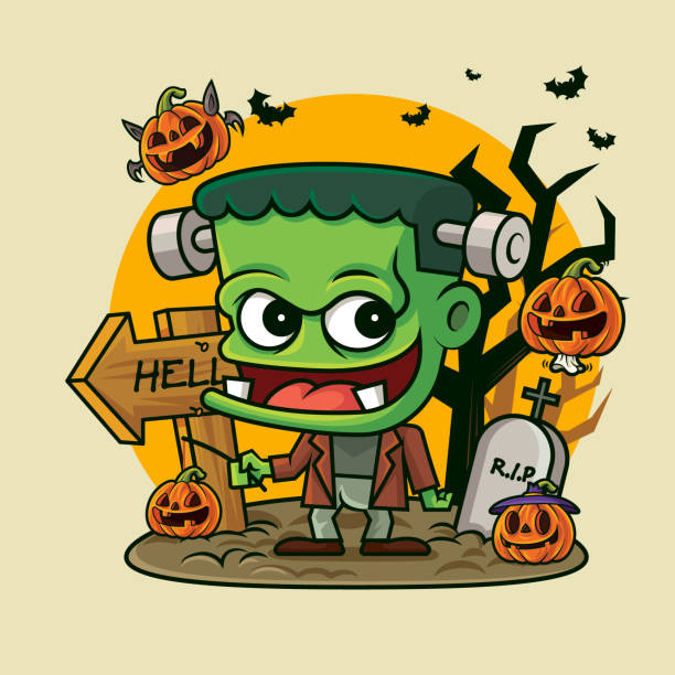 illustrazioni stock, clip art, cartoni animati e icone di tendenza di piccolo mostro verde dei cartoni animati che tiene lanterna di zucca con piccole zucche fantasma su sfondo inquietante di halloween - green monster