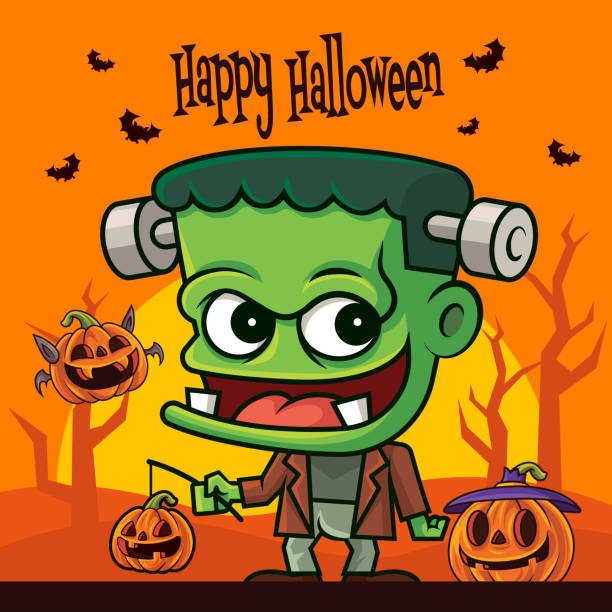 소름 할로윈 배경에 플라이 박쥐와 호박 등불을 들고 만화 녹색 괴물 - halloween pumpkin human face laughing stock illustrations
