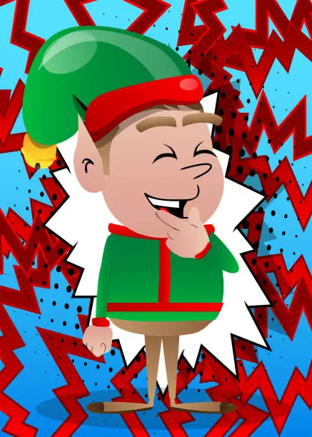 Vector illustration of Christmas Elf holding finger front of his mouth.