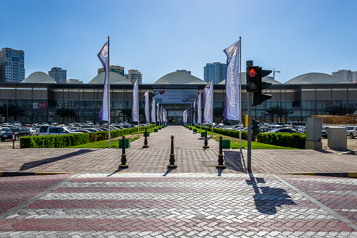 Sharjah, UAE – January 19, 2016 – View of the main entrance of Sharjah Expo Center in a beautiful and bright sunny day