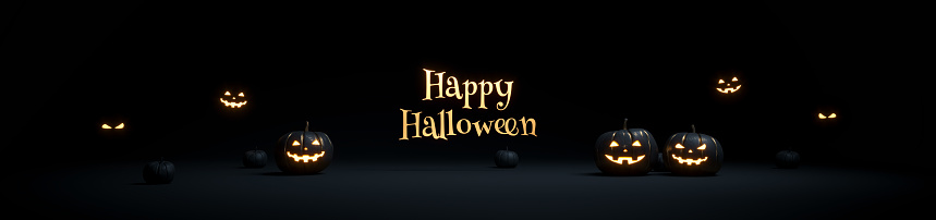 Horizontal banner Halloween background with scary faces pumpkins are glowing in dark. Black and gold template for Halloween. 3d render 3d illustration.