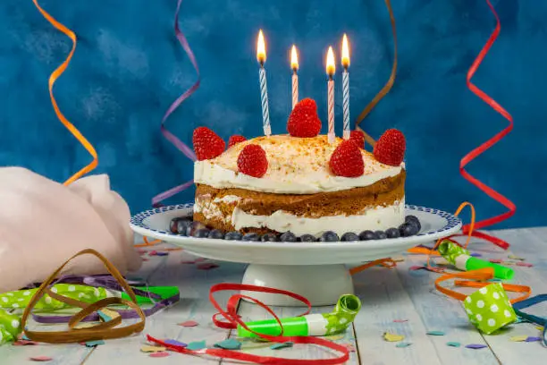 Photo of birthday cake with candles and streamer