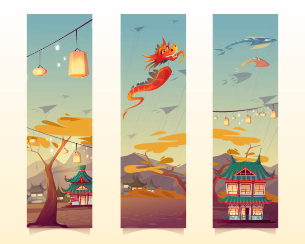 Chinese festival with lanterns and flying kites Chinese festival with lanterns and flying kites in shape of dragon and fish. Vector vertical banners or bookmarks with cartoon illustration of village with traditional houses in China sky kite stock illustrations