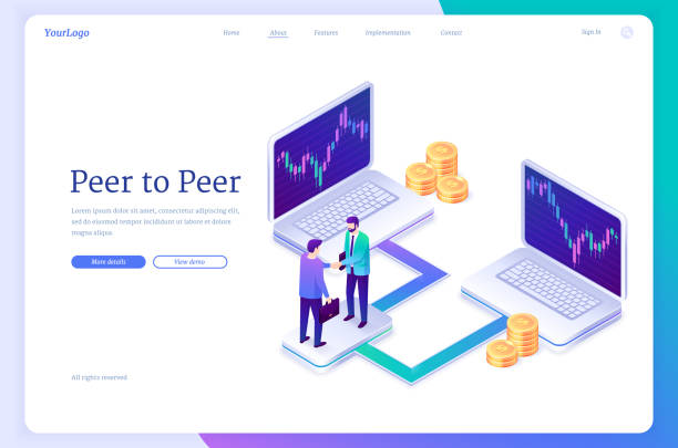 Peer to peer business communication, P2P banner Peer to peer business communication, P2P banner. Concept of distributed economy, one-rank fintech relationships. Vector landing page with isometric illustration of people handshake, laptops and money peer to peer stock illustrations
