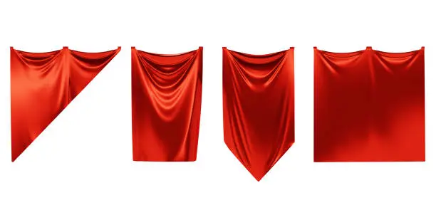 Red pennant flags mockup, medieval hanging textile pennons different shapes, 3d render. Realistic set blank vertical banners of flowing silk fabrics isolated on white background.