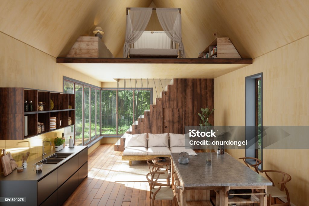 Tiny House Interior With Sofa, Kitchen, Dining Table, Bedroom And Garden View From The Window. Tiny House Stock Photo