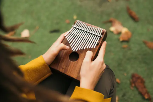 close-up woman playing the musical instrument Kalimba or Mbira in the fall on the terrace.
