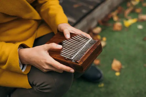 close-up woman playing the musical instrument Kalimba or Mbira in the fall on the terrace.