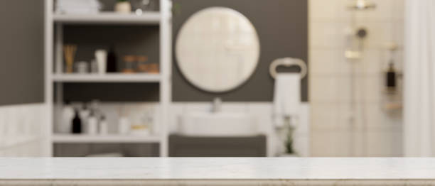 istock Empty marble tabletop for montage mockup over modern comfortable bathroom 1341599030