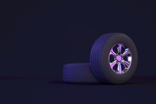 3d rendering of Car Wheel on Black Background. Neon Lighting.
