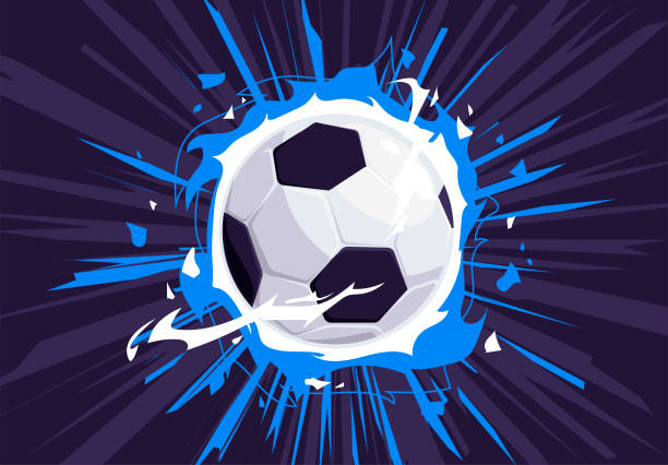 illustrazioni stock, clip art, cartoni animati e icone di tendenza di illustrazione vettoriale di un pallone da calcio in fiamme, con uno sfondo scuro dinamico, un pallone da calcio fiammeggiante, energia intorno - target sport flash