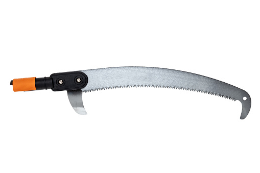 Closeup of a tool head of a pruning saw with Hardened steel saw for cutting the branches of trees in distant places isolated on white. Clipping path. Macro.