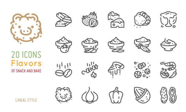 illustrazioni stock, clip art, cartoni animati e icone di tendenza di sapori snack e bake icone set - nut spice peanut almond