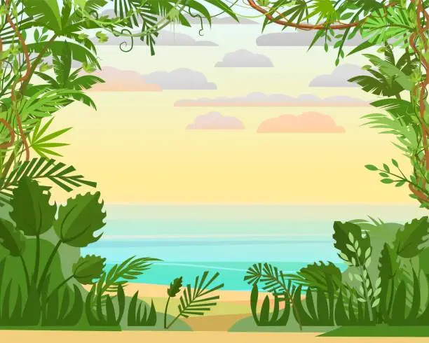 Vector illustration of Pleasant tropical beach with palm trees. Sand and sea horizon. Cartoon flat style. Beautiful summer landscape. Vector.