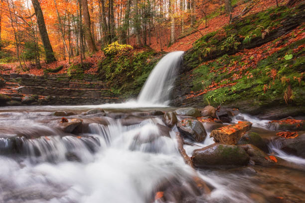 amazing nature landscape with mountain waterfall in the dark colorful autumn forest, natural outdoor travel background suitable for wallpaper - awe beauty in nature waterfall cool imagens e fotografias de stock