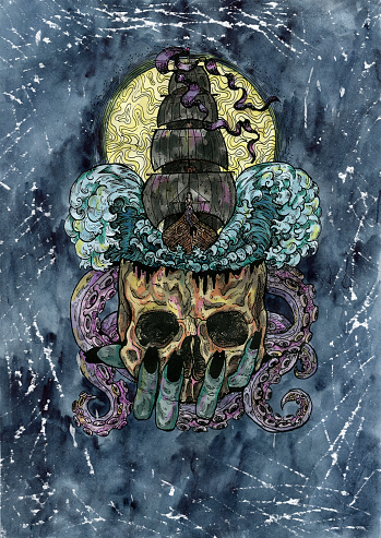 Grunge watercolor illustration of creepy skull as a cup with ship and sea waves against full moon.  Mystic drawing for Halloween with esoteric, gothic, occult concept