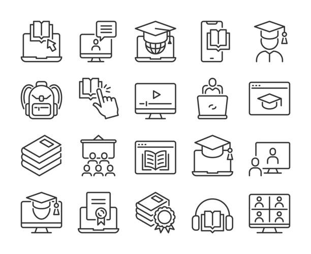 ilustraciones, imágenes clip art, dibujos animados e iconos de stock de icono de la educación. conjunto de iconos de línea de educación en línea. trazo editable. - classroom