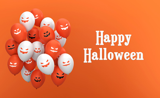 Happy halloween design. Halloween Orange background with balloons, spooky faces and Happy Halloween Message.