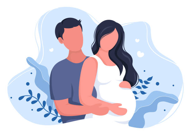 ilustrações de stock, clip art, desenhos animados e ícones de pregnant couple background vector illustration with a husband takes care and hugs his wife or mother while waiting for birth in flat design style - husband