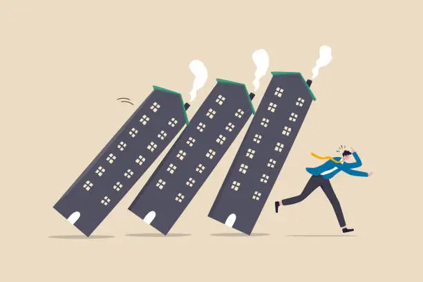 Vector illustration of Real estate or property debt crisis causing domino effect, housing and stock market or investment asset fall down concept, panic businessman investor run away from collapsing housing domino.