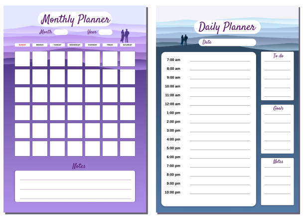 istock Monthly, Daily Planner template vector. Minimal landscape with couple background, To Do list, goals, notes. Business notebook management, organizer 1341611393