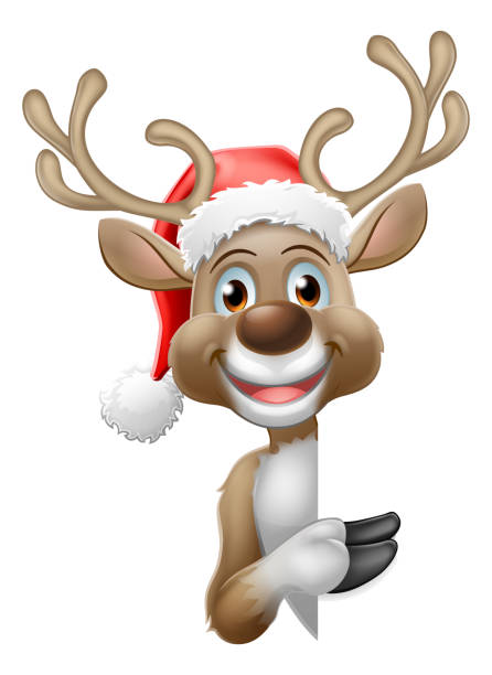 ilustraciones, imágenes clip art, dibujos animados e iconos de stock de renos en santa hat christmas cartoon - santa claus christmas pointing frame