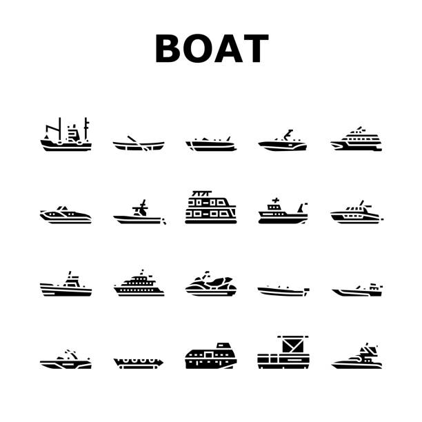 ilustrações, clipart, desenhos animados e ícones de ícones do transporte aquático do barco definem vetor - runabout