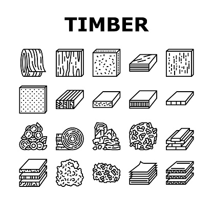 Timber Wood Industrial Production Icons Set Vector. Fiber Board And Round Wooden Desk, Pellets And Plywood Timber Line. Charcoal And Paper List Sheet Industry Production Black Contour Illustrations