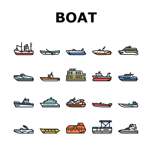 illustrations, cliparts, dessins animés et icônes de types de transport par bateau par voie d’eau icônes définir vector - runabout