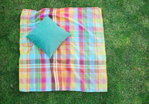 istock Checkered colorful blanket with pillow on green grass top view. Checked picnic towel. Summertime design backdrop. Picnic and holiday concept. 1341615233