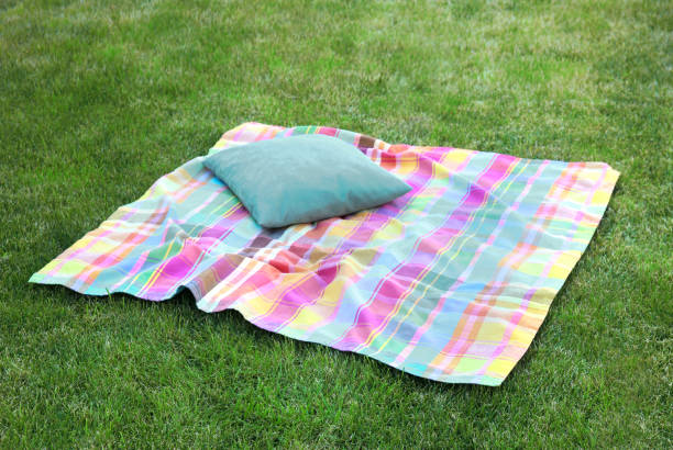 Colorful checkered blanket with pillow on grass empty advertisement space. Summer time concept. Towel plaid outdoor.