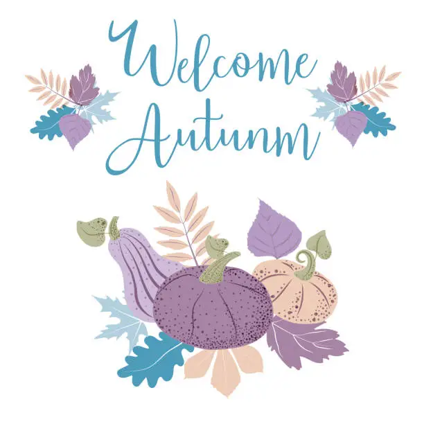 Vector illustration of Thanksgiving banner. Pumpkins and autumn leaves in an unusual calm palette. Composition of purple pumpkins. The vector is made in a flat style. Suitable for postcards and posters.