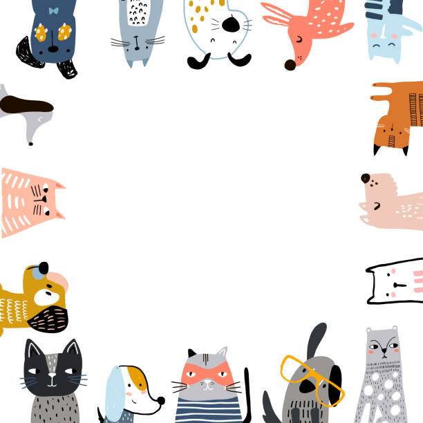 ilustraciones, imágenes clip art, dibujos animados e iconos de stock de marco cuadrado creativo para gatos y perros con lugar de texto. ilustración vectorial - dog domestic cat group of animals pets