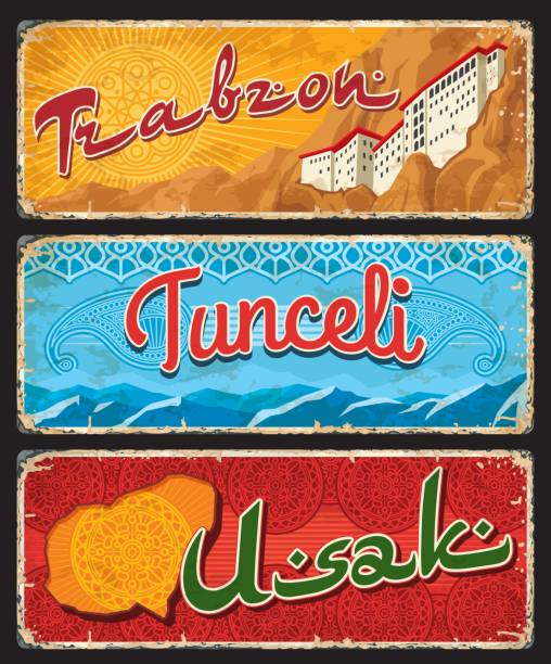 Trabzon, Tunceli and Usak Turkey il provinces Trabzon, Tunceli and Usak Turkey il, provinces plates, vector banners of touristic Turkish landmarks. Retro grunge boards with islamic ornament and Sumela Monastery in mountains, travel plaques set tunceli stock illustrations